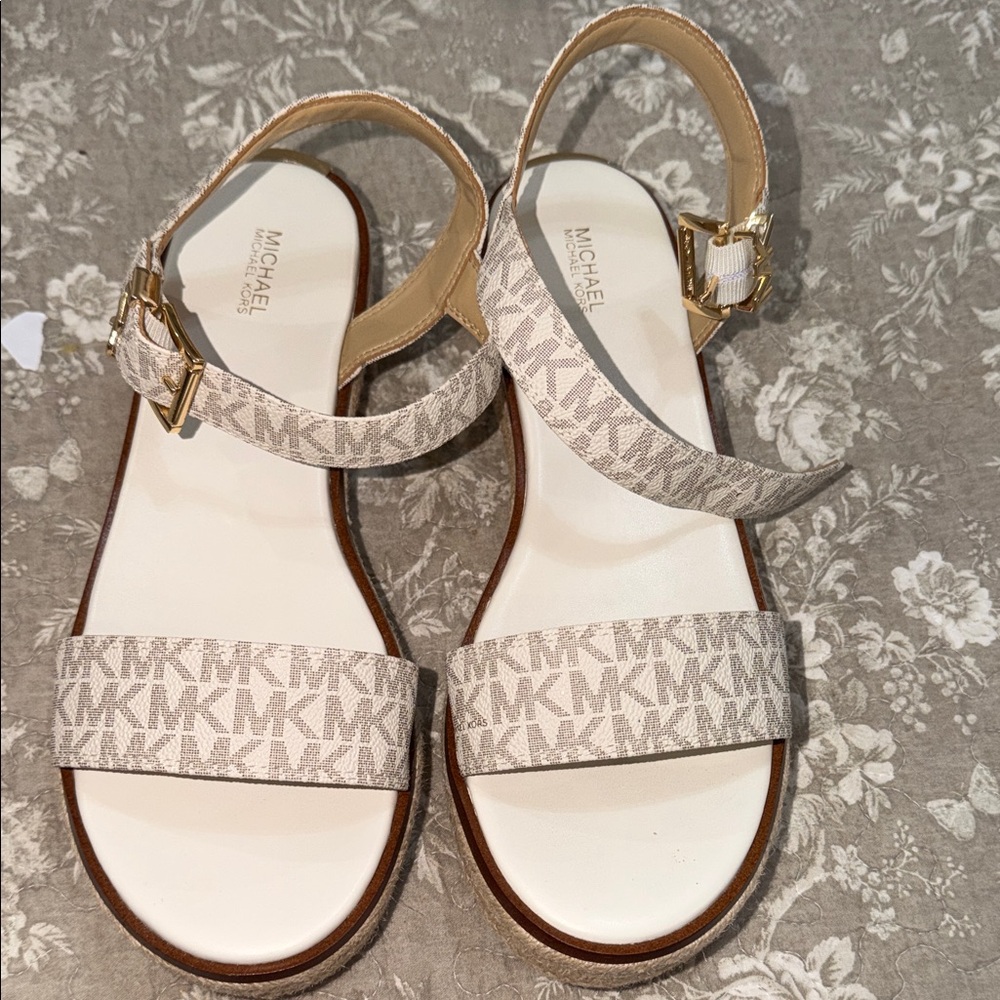 Michael Kors Beige Logo Strap Sandals with Gold Buckles